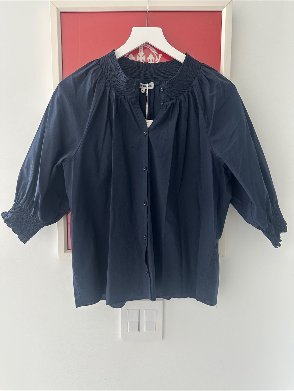 NWT Ramy Brook Navy Smocked-Neck Button-Down Blouse - medium